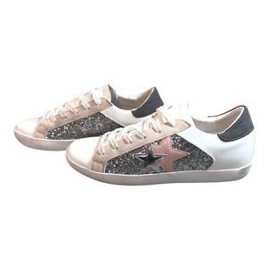 Zaylee White & Glitter Silver Lace-Up Sneakers With Stars US 10 Shoes Tennis SEE